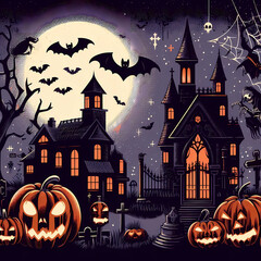 Spooky Halloween illustration concept with pumpkins, moon, bats and old house.