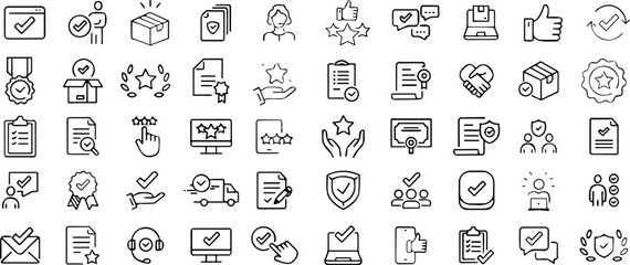 Quality control icons line set. inspect, manufacture, certificate. Approve line icons collection. Check marks, ticks, Document, Verification