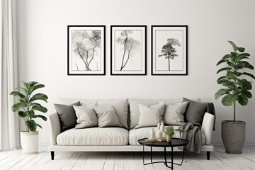 Mock up frames in Scandinavian livingroom with sofa and plants. Generative AI