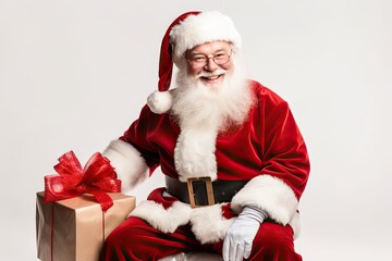 A senior man dressed as Santa Claus, holding shopping bags filled with holiday gifts and spreading Christmas cheer.
