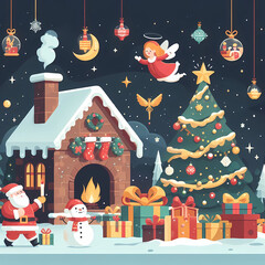 Christmas illustration concept. Snowman, santa and christmas tree on the snow.