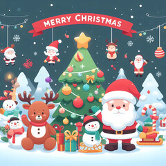 Christmas illustration concept. Santa smiling with reindeer and snowman on the snow.