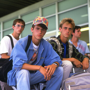 1999 photo of teenage boys, wearing trendy clothes, airport terminal, summer, group of young people