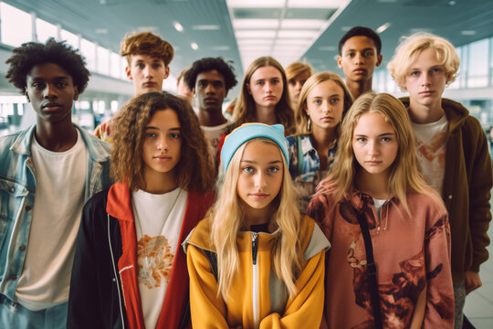 Group photo of a diverse group of teenagers, looking at the camera, wearing trendy clothes, airport terminal, summer ,group of people in a hall