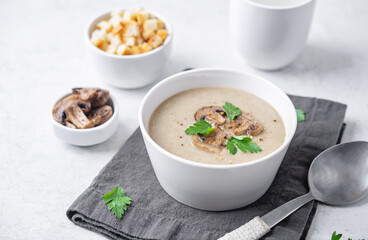 Roasted mushroom potato puree soup in a bowl