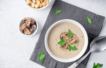 Roasted mushroom potato puree soup in a bowl