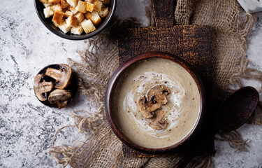 Roasted mushroom potato puree soup in a bowl