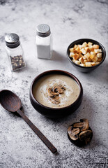 Roasted mushroom potato puree soup in a bowl
