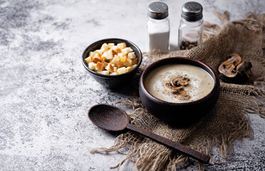 Roasted mushroom potato puree soup in a bowl