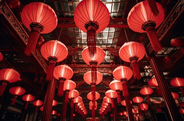 Chinese red lanterns hung from the ceiling in line, interior decoration concept