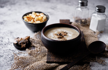 Roasted mushroom potato puree soup in a bowl