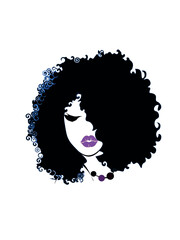 woman with long hair. Beautiful sexy face, purple lips, fashion woman, element design, curly hairstyle, hair salon sign, icon. Beauty Logo. Vector illustration. Hand drawing style.