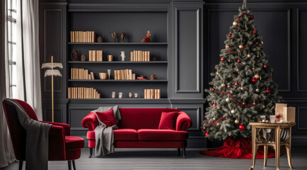 Red furniture and a christmas tree in a dark room.