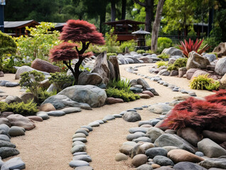 A serene Buddhist rock garden with meticulously placed rocks, displaying tranquil beauty and harmony. - obrazy, fototapety, plakaty