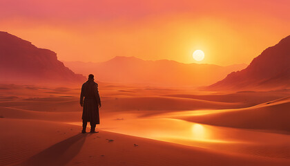 Fototapeta na wymiar Warm shades of orange, yellow, and pink evoke a sense of a peaceful desert oasis at sunset.