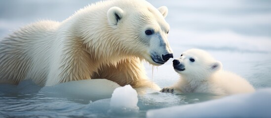 Polar bear baby having fun with mother - obrazy, fototapety, plakaty