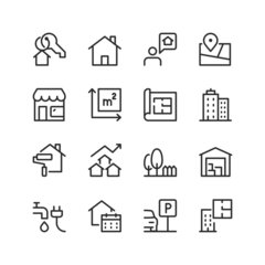 Fotobehang Real Estate, linear style icons set. Buying, renting and letting real estate. Apartment, house, land plot, commercial real . Investments. Editable stroke width © Tatiana