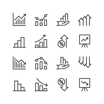 Increase and decrease, linear style icons set. Charts and figures with increases and decreases. Rising up and falling down. Growth, success and failure, negative outcome. Editable stroke width