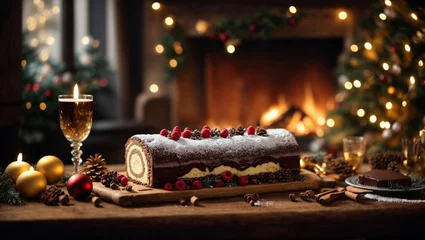 Fotobehang Bûche de Noël, tipico dolce natalizio francese in una atmosfera natalizia con caminetto e luci © Wabisabi