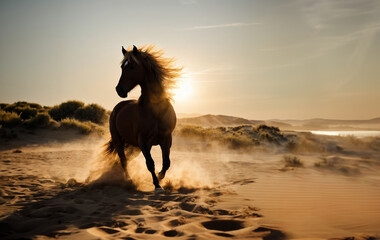 The imposing brown stallion trots majestically on the beach with the wind blowing on his splendid mane and the sun making his brown coat bathed in the saltiness of the blue sea shine. - obrazy, fototapety, plakaty