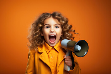 Young toddler blond girl in yellow shirt and jacket happily screaming in megaphone loudspeaker on studio orange background. Important announcement news, significant messages sale discount concept - obrazy, fototapety, plakaty