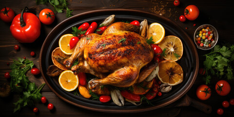 A dish with a large roast turkey stands on a wooden table. Roasted turkey with herbs, berries and vegetables. AI generated