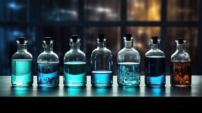 Various of bottles with colorful magic potion in laboratory