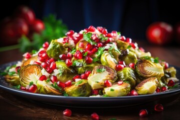 Feast your eyes on a colorful plate of roasted Brussels sprouts accompanied by sweet and tangy pomegranate arils, elevating both the aesthetics and flavor profile of this vibrant dish.