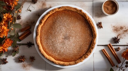 An overhead shot of a whole pumpkin pie, dusted with a cinnamon sugar blend, ready to be shared with friends and family. The crust is beautifully crimped, adding an artisanal touch to this
