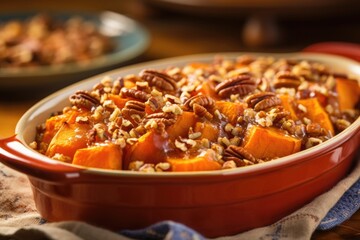 A visually stunning snapshot captures a vibrant sweet potato casserole that emanates warmth and comfort. Its smooth and creamy consistency is adorned with an alluring glaze, revealing subtle