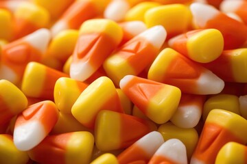 This closeup shot provides an intimate view of a handful of candy corn, revealing their glossy surface and perfectly sculpted triangular shape. The golden, orange, and white hues seamlessly