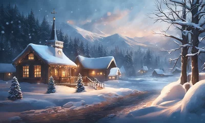 Gartenposter Winter Christmas background. Concept art of cozy rustic houses, featuring wooden planks and frost on branches. The scene is illuminated by soft candlelight during dusk © useful pictures