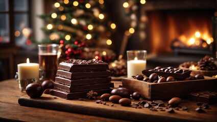 Cioccolata su un tavolo natalizio con caminetto e albero di Natale