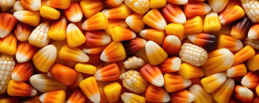 A mesmerizing symphony of colors and design, the candy corn in this image is arranged in an elaborate and enticing pattern. The smooth texture of each kernel, combined with the harmonious