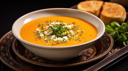 The vibrant orange soup is a visual delight, topped with a sprinkle of aromatic chopped herbs, adding freshness and a burst of flavor.