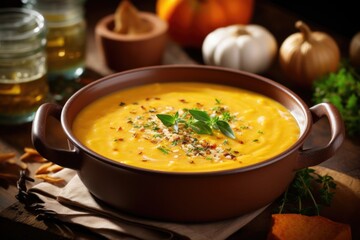 Take in the enchanting fragrance of this pumpkin soup, as the aroma of freshly grated nutmeg captivates your senses and transports you to a cozy fireside.
