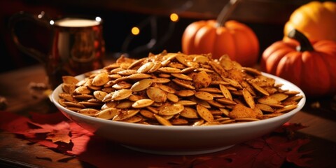 An artful photography composition showcasing deeply roasted pumpkin seeds that have been generously coated with a luscious blend of maple syrup, cinnamon, and nutmeg, creating a delightful