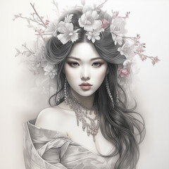 Ethereal Elegance: Pencil Drawing of a Japanese Geisha with Sakura Blossoms