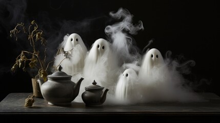 The soft, fluffy ghosts appear in an ethereal still life, set against a contrasting dark background, embodying a chillingly delightful presence on your tabletop.