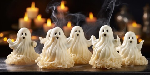 This ghostly ensemble showcases an irresistible arrangement of marshmallow wraiths, their hauntingly sweet aroma filling the room, evoking a spellbinding atmosphere of Halloween delight. - obrazy, fototapety, plakaty