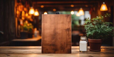 Mockup Wooden menu in evening restaurant, space for your text. Generative AI