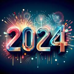 New Year 2024 illustration concept. Neon New Year 2024 number against the fireworks and city at midnight.
