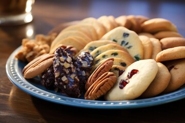 A platter of Hanukkah cookies features a delightful combination of traditional and unconventional flavors. Alongside the usual suspects like delectable honey cookies and rich chocolate rugelach,
