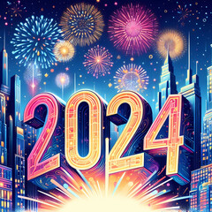 New Year 2024 illustration concept. Colorful New Year 2024 number against the fireworks and city at midnight.