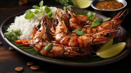 An artfully arranged platter of grilled jumbo prawns, each displaying a charred and smoky exterior,...