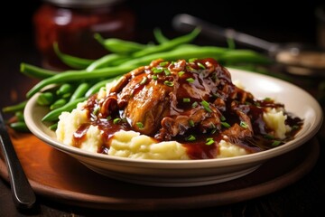 A classic, rustic French dish of coq au vin, featuring succulent chicken thighs braised in a rich red wine sauce, studded with caramelized shallots, alongside a mound of ery mashed potatoes - obrazy, fototapety, plakaty