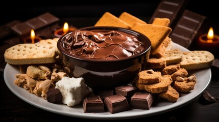 A captivating shot highlighting the harmonious marriage of flavors and textures in a luscious chocolate fondue, with crunchy biscotti, ery shortbread, and delicate ladyfingers eagerly awaiting