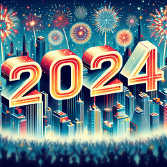 New Year 2024 illustration concept. Colorful New Year 2024 number against the fireworks and city at midnight.