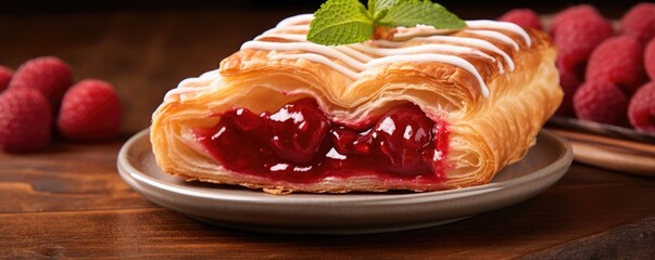 In this mouthwatering shot, a glistening raspberryfilled Danish pastry is presented, perfectly glazed with a sugary coating. The flaky and ery layers envelope the fruity raspberry filling, - obrazy, fototapety, plakaty