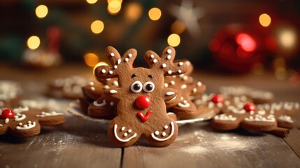Obraz na płótnie Canvas A festive food shot capturing gingerbread cookies transformed into joyful reindeer. The cookies are carefully designed with chocolate antlers and expressive icing eyes, creating a delightful